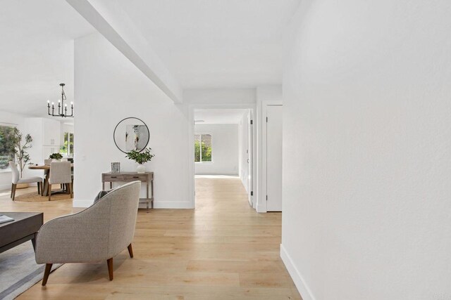 hall with light hardwood / wood-style floors and a notable chandelier