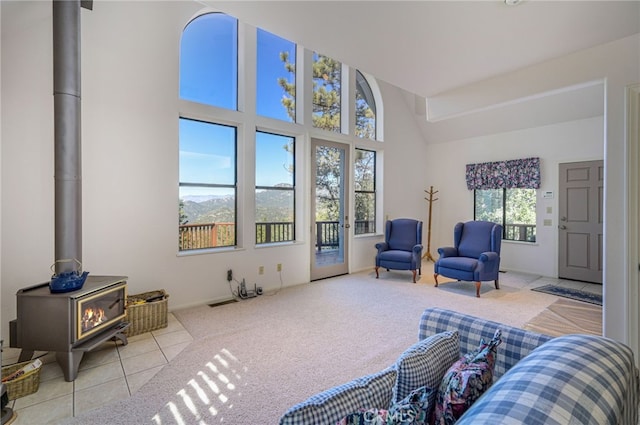 carpeted living room with high vaulted ceiling and a wood stove