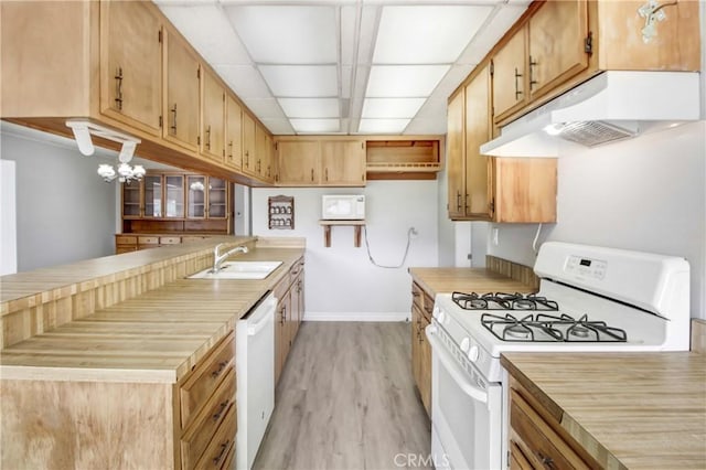 kitchen with a notable chandelier, sink, white appliances, and light hardwood / wood-style floors