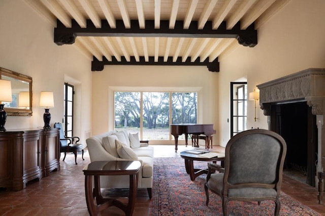 living room featuring brick ceiling and beamed ceiling