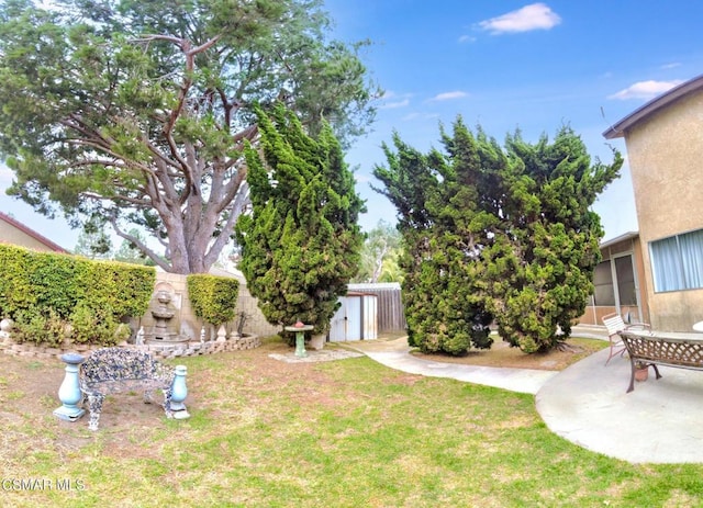 view of yard featuring a storage shed and a patio area