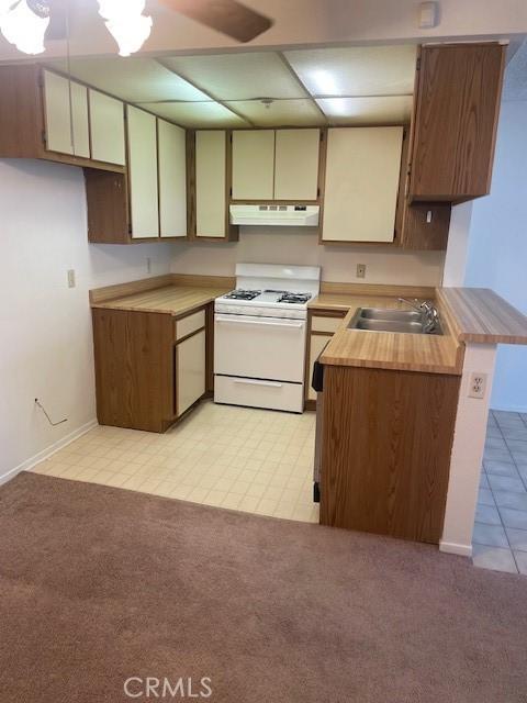 kitchen featuring light carpet, sink, kitchen peninsula, white gas range oven, and ceiling fan