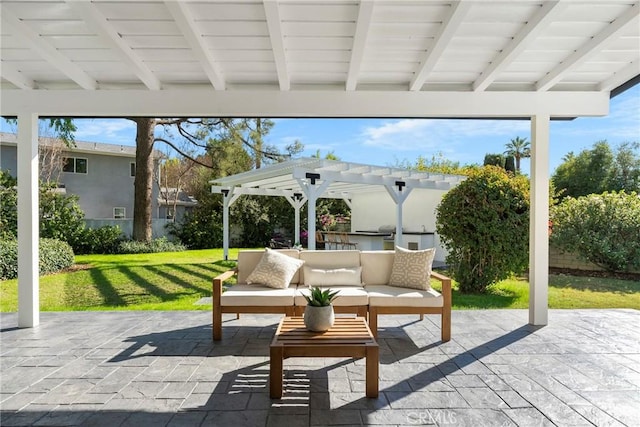 view of patio with outdoor lounge area and a pergola