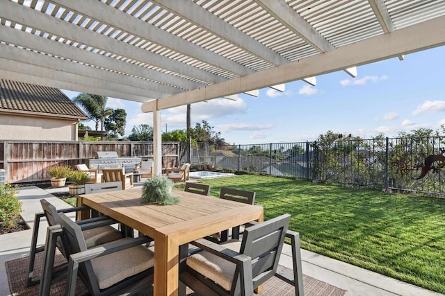 view of patio / terrace with outdoor dining space, a fenced backyard, and an outdoor kitchen