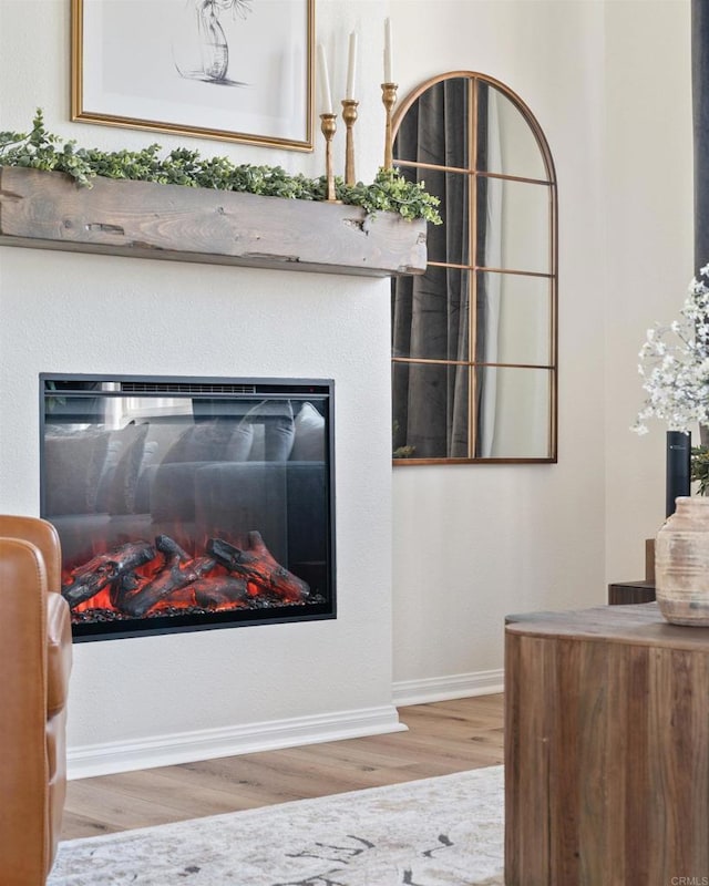 room details with a glass covered fireplace, wood finished floors, and baseboards