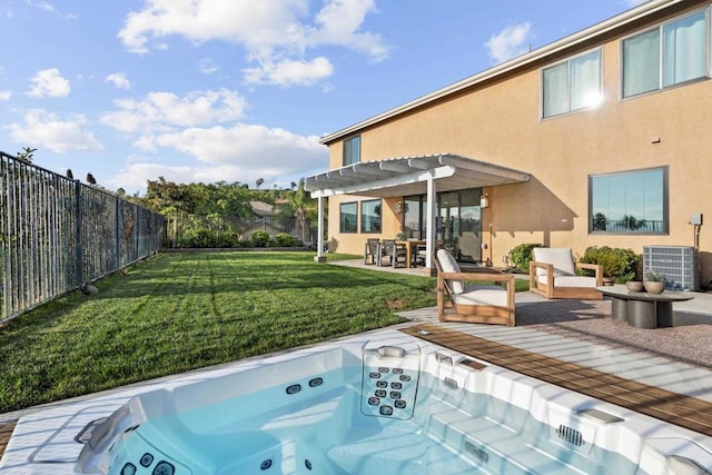 exterior space featuring a fenced backyard, cooling unit, hot tub deck surround, a pergola, and a patio area