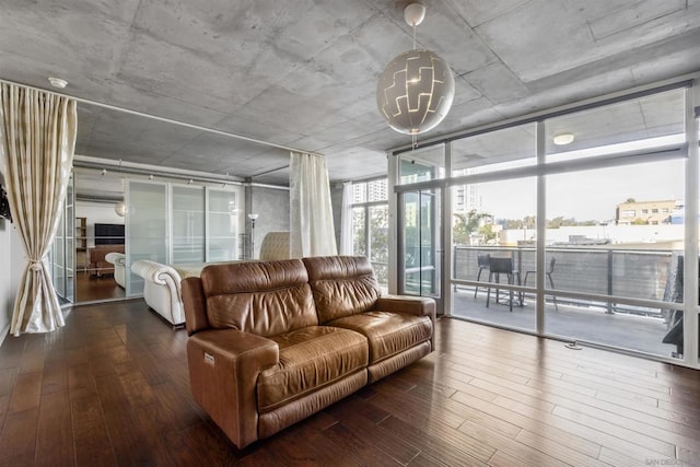 living room featuring a wall of windows and hardwood / wood-style floors