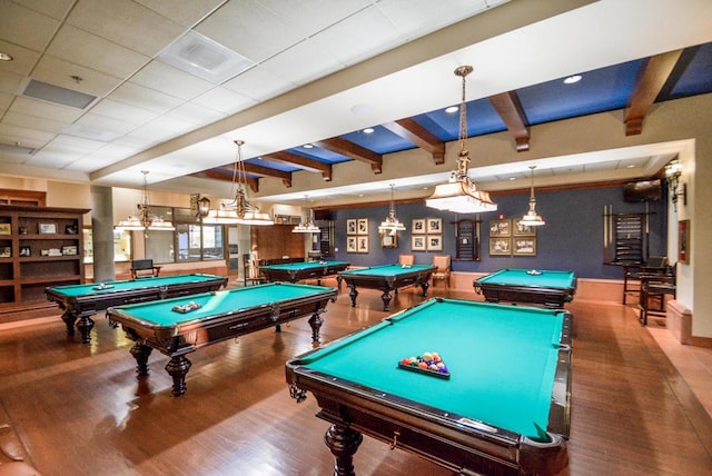 recreation room featuring hardwood / wood-style floors, pool table, and beamed ceiling