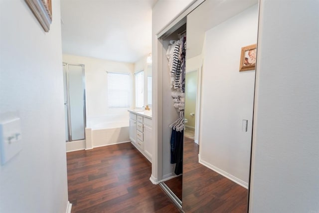 bathroom with wood-type flooring, vanity, and independent shower and bath