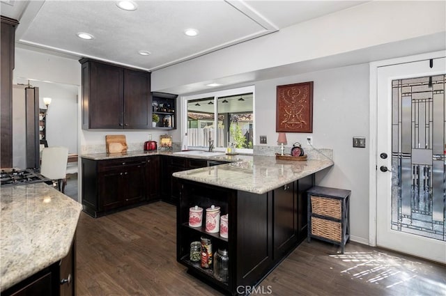 kitchen featuring dark hardwood / wood-style flooring, kitchen peninsula, light stone counters, and sink