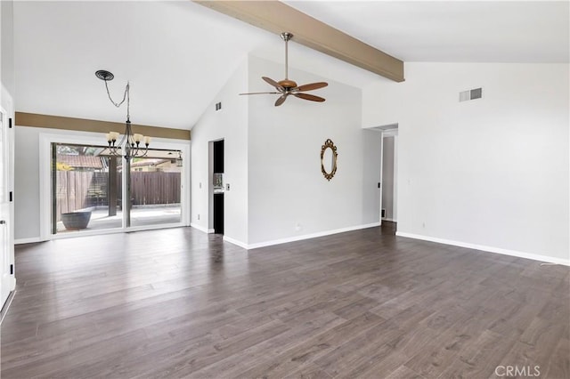 unfurnished living room with baseboards, visible vents, dark wood finished floors, beam ceiling, and ceiling fan with notable chandelier