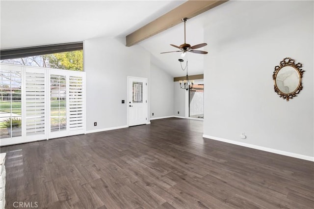 unfurnished living room featuring high vaulted ceiling, ceiling fan with notable chandelier, dark wood-type flooring, baseboards, and beamed ceiling