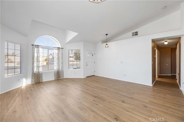 unfurnished living room with lofted ceiling and light wood-type flooring