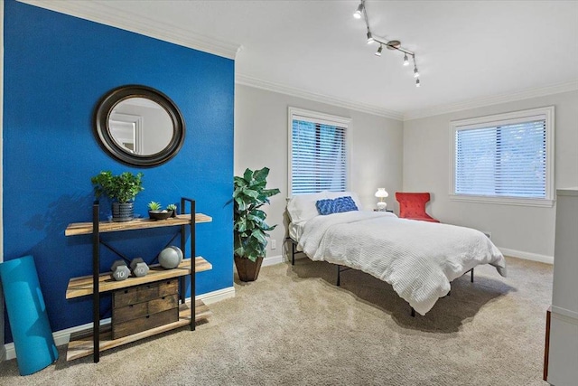 bedroom with carpet floors and crown molding