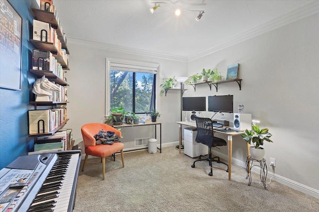 home office with crown molding and light colored carpet