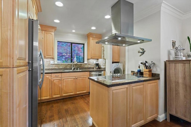 kitchen featuring dark hardwood / wood-style flooring, island exhaust hood, decorative backsplash, sink, and light brown cabinetry