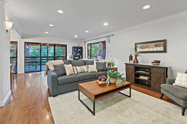 living room with crown molding and hardwood / wood-style floors