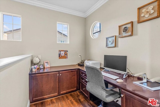 office area with a wealth of natural light, ornamental molding, and dark hardwood / wood-style floors