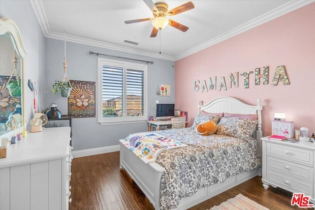 bedroom with ceiling fan, dark wood-type flooring, and crown molding