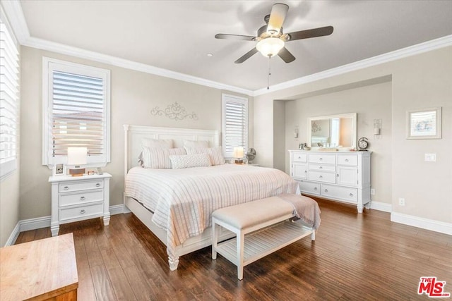 bedroom featuring ceiling fan, dark wood-type flooring, and ornamental molding