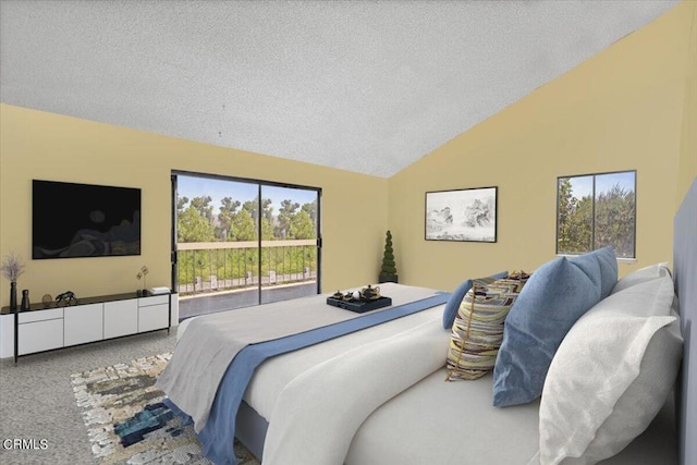 carpeted bedroom featuring access to exterior, a textured ceiling, and vaulted ceiling