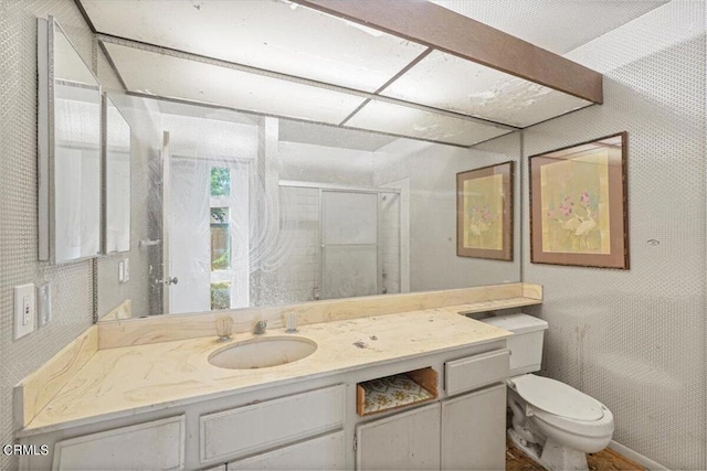 bathroom with vanity, toilet, and a shower with door