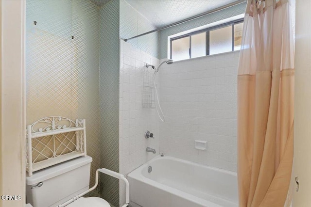 bathroom with toilet and shower / bathtub combination with curtain