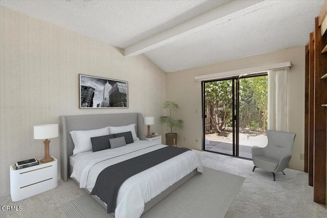 carpeted bedroom with a textured ceiling, access to exterior, and lofted ceiling with beams