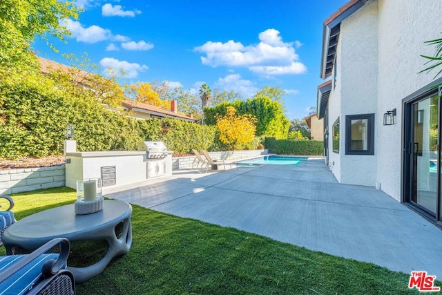 exterior space with a yard, an outdoor kitchen, area for grilling, and a patio