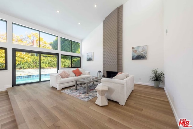 living room with high vaulted ceiling, light hardwood / wood-style floors, and a fireplace