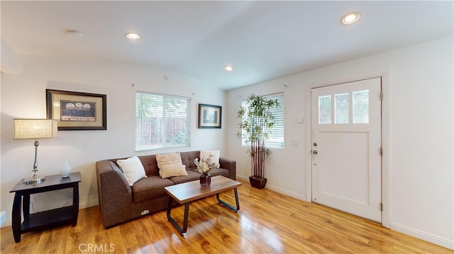 living room with light hardwood / wood-style flooring and vaulted ceiling