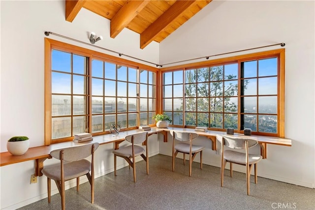 sunroom with wooden ceiling, built in desk, and lofted ceiling with beams