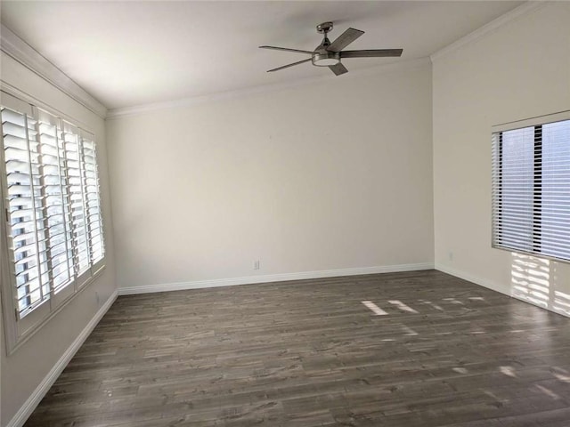 empty room featuring crown molding, ceiling fan, and dark wood-type flooring