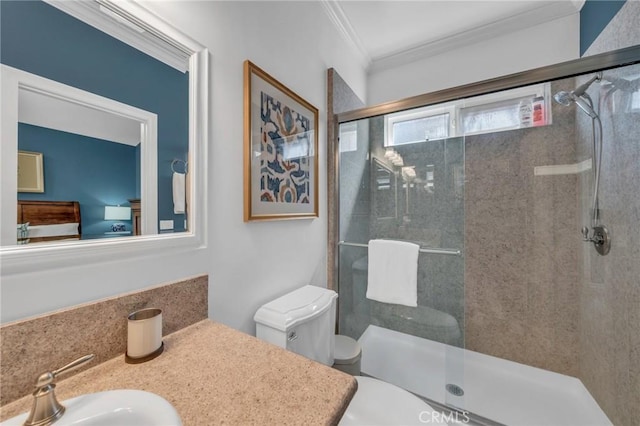 bathroom featuring toilet, ornamental molding, walk in shower, and vanity