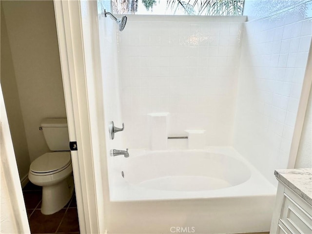 full bathroom with toilet, tile patterned flooring, shower / washtub combination, and vanity