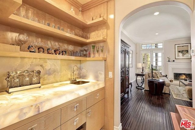 bar with sink, light brown cabinets, dark hardwood / wood-style flooring, and ornamental molding