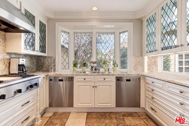 kitchen with appliances with stainless steel finishes, exhaust hood, white cabinetry, tasteful backsplash, and sink