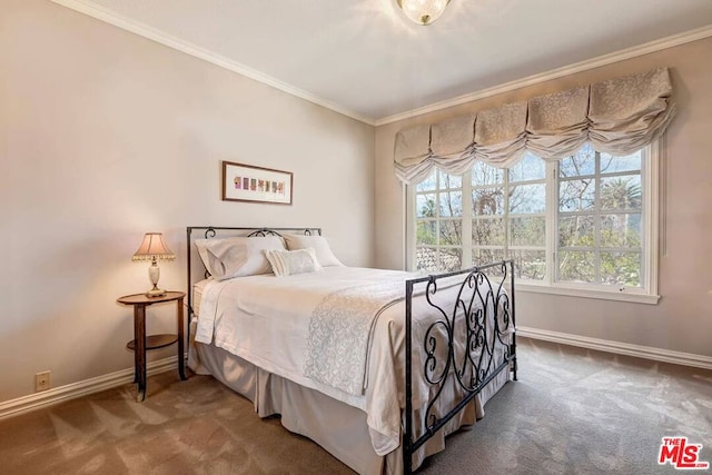 bedroom with carpet and crown molding