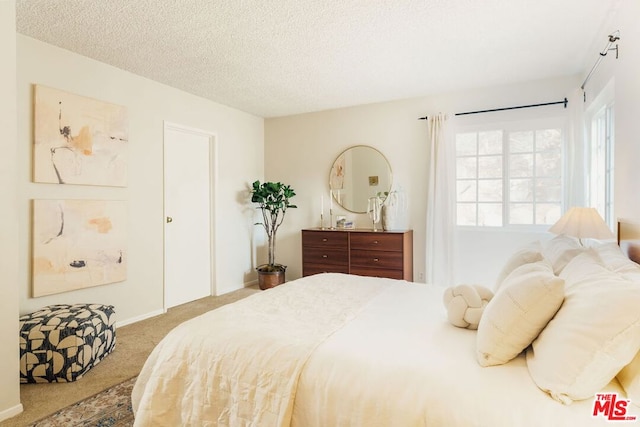 carpeted bedroom with a textured ceiling