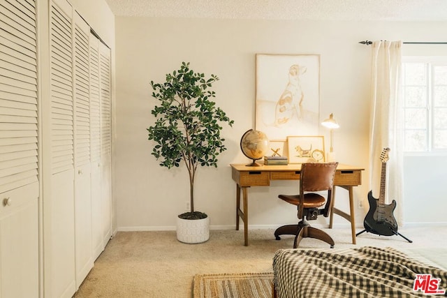 carpeted office space with a textured ceiling