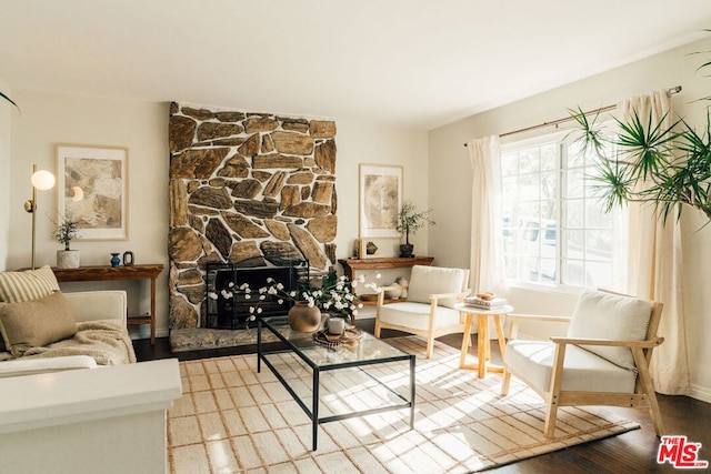 living room with wood-type flooring and a fireplace