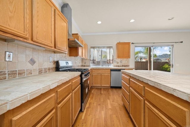 kitchen featuring wall chimney exhaust hood, ornamental molding, stainless steel appliances, and sink