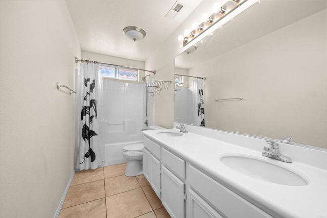 full bathroom featuring tile patterned flooring, vanity, shower / bathtub combination with curtain, and toilet