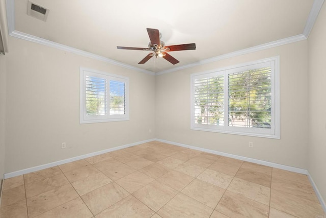 unfurnished room with a wealth of natural light, ornamental molding, and ceiling fan