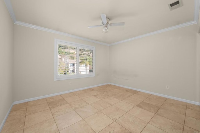 spare room with crown molding, light tile patterned floors, and ceiling fan