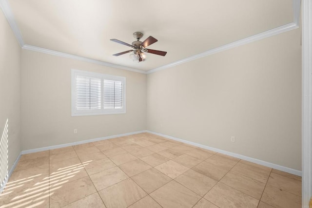 tiled empty room featuring ceiling fan and ornamental molding