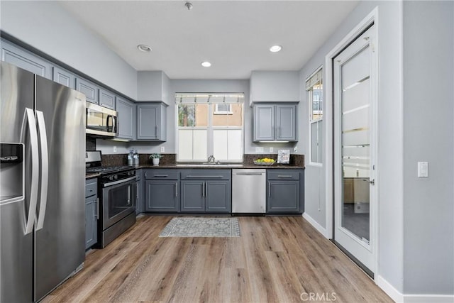 kitchen with stainless steel appliances, dark countertops, wood finished floors, and gray cabinetry