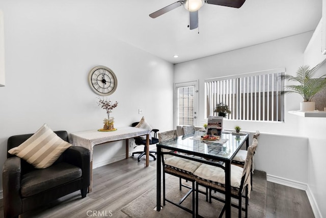 dining area with ceiling fan, recessed lighting, wood finished floors, and baseboards