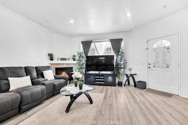 living room featuring crown molding, a tiled fireplace, and wood finished floors