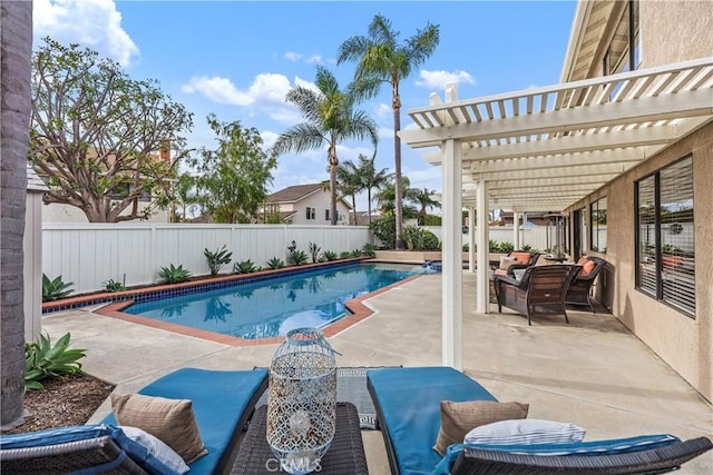 view of swimming pool featuring a patio area, outdoor lounge area, and a pergola